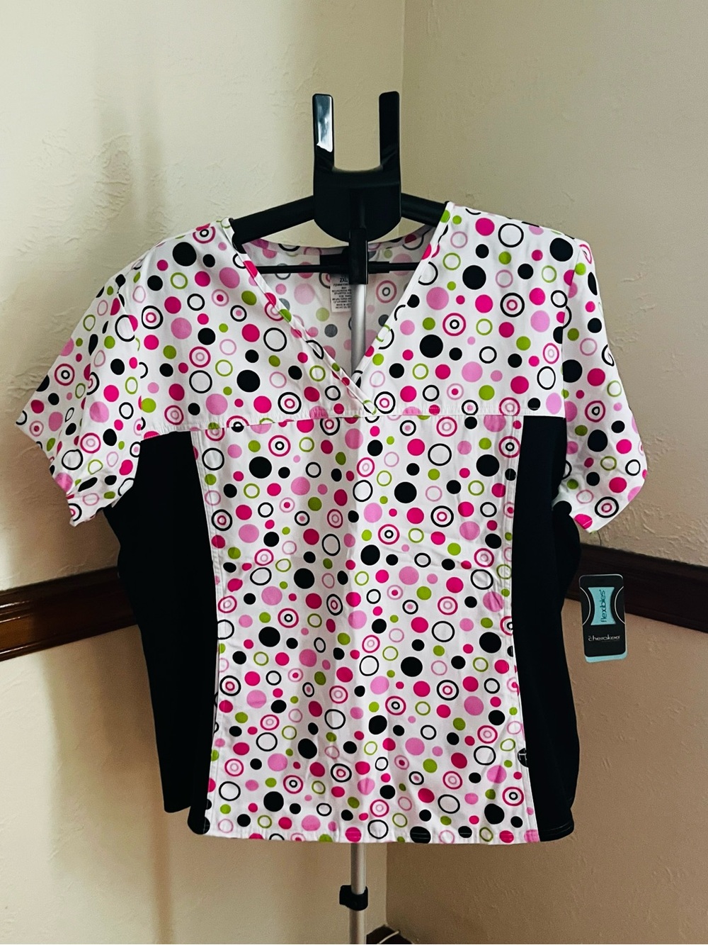 Cherokee Flexibles Pink, Black & Lime Polka Dot Scrub Top
